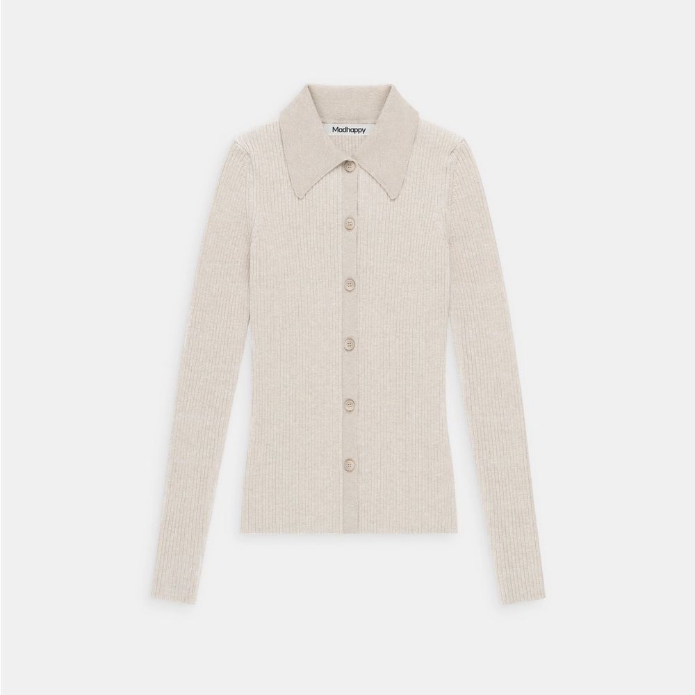 Madhappy Oatmeal Ribbed Knit Collared Long Sleeve Cardigan Sweater Size Small